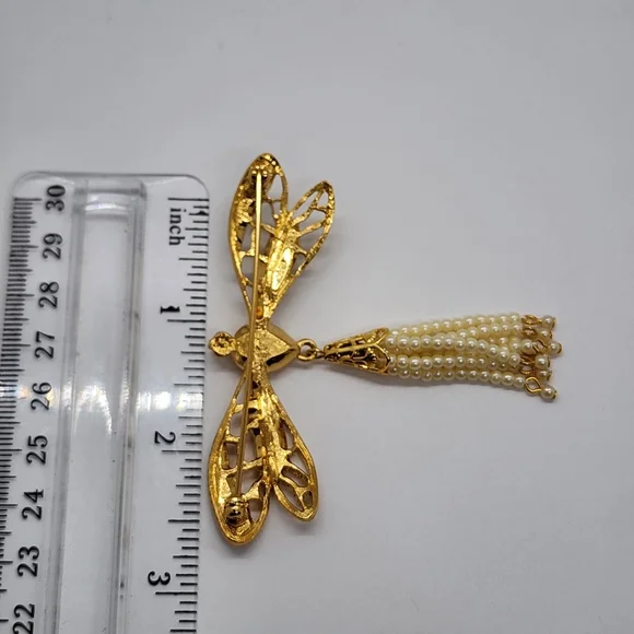 Avon Dragon Fly Gold & Faux Pearl Brooch Pendant - Picture 13 of 17
